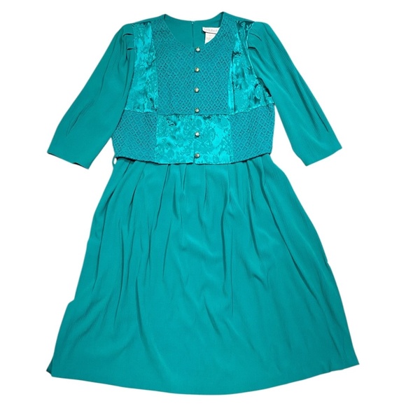 Lady Dorby Teal Dress 18W • Jacquard Lace Bodice • Vintage Midi • Plus Size - Picture 8 of 8